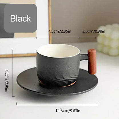 Retro blue & black ceramic coffee cup with wooden handle kitchen set