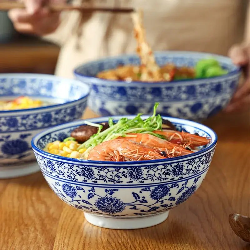 Retro blue & white retro ceramic soup noodle bowl dining room floral