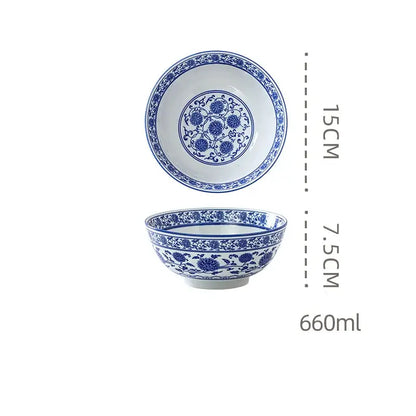 Retro blue & white retro ceramic soup noodle bowl dining room floral