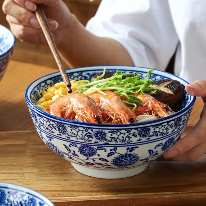 Retro blue & white retro ceramic soup noodle bowl dining room floral