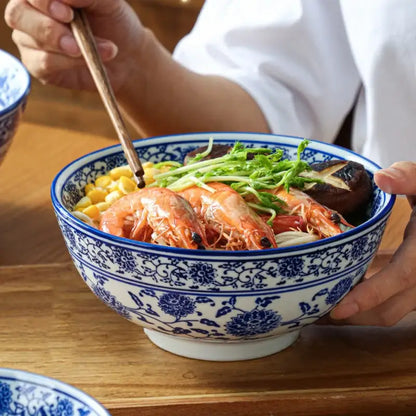 Retro blue & white retro ceramic soup noodle bowl dining room floral
