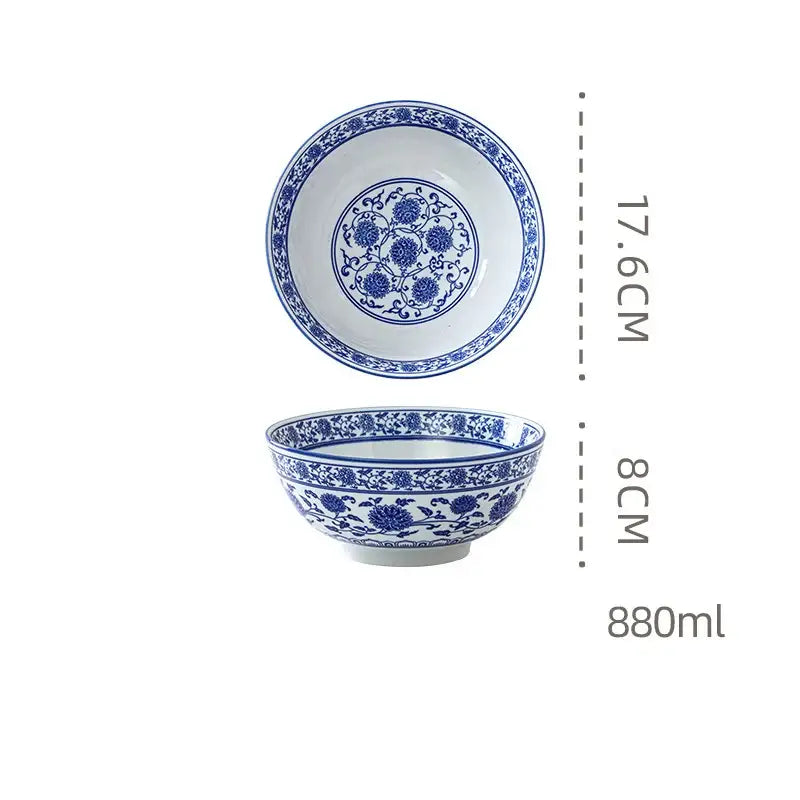 Retro blue & white retro ceramic soup noodle bowl dining room floral