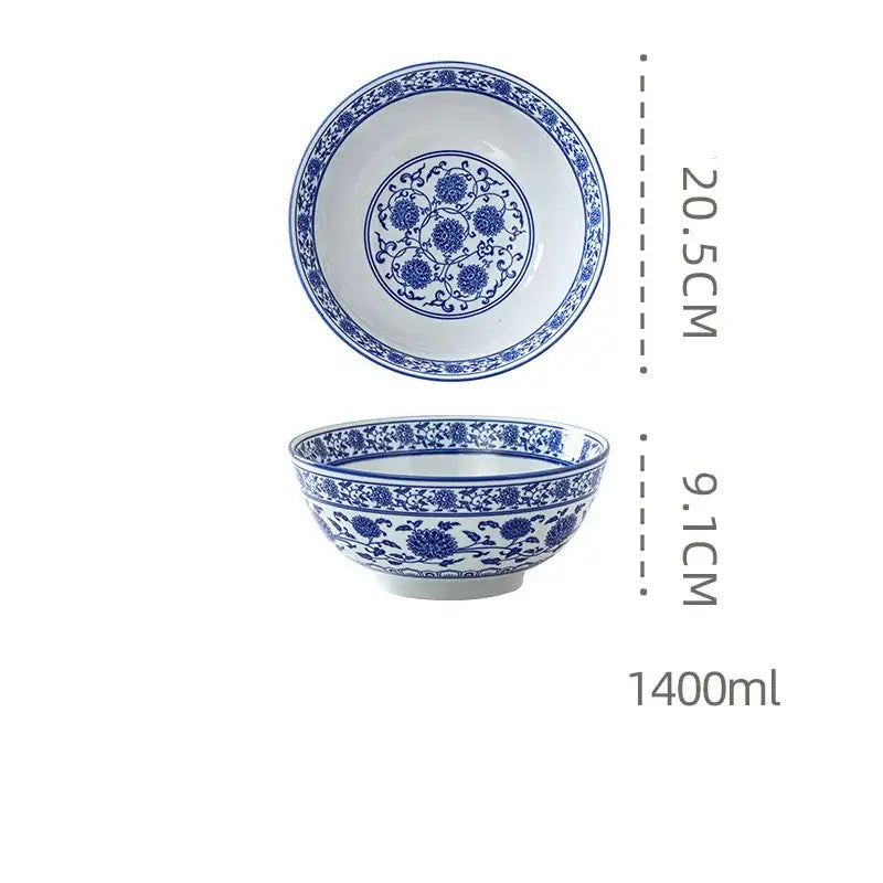 Retro blue & white retro ceramic soup noodle bowl dining room floral