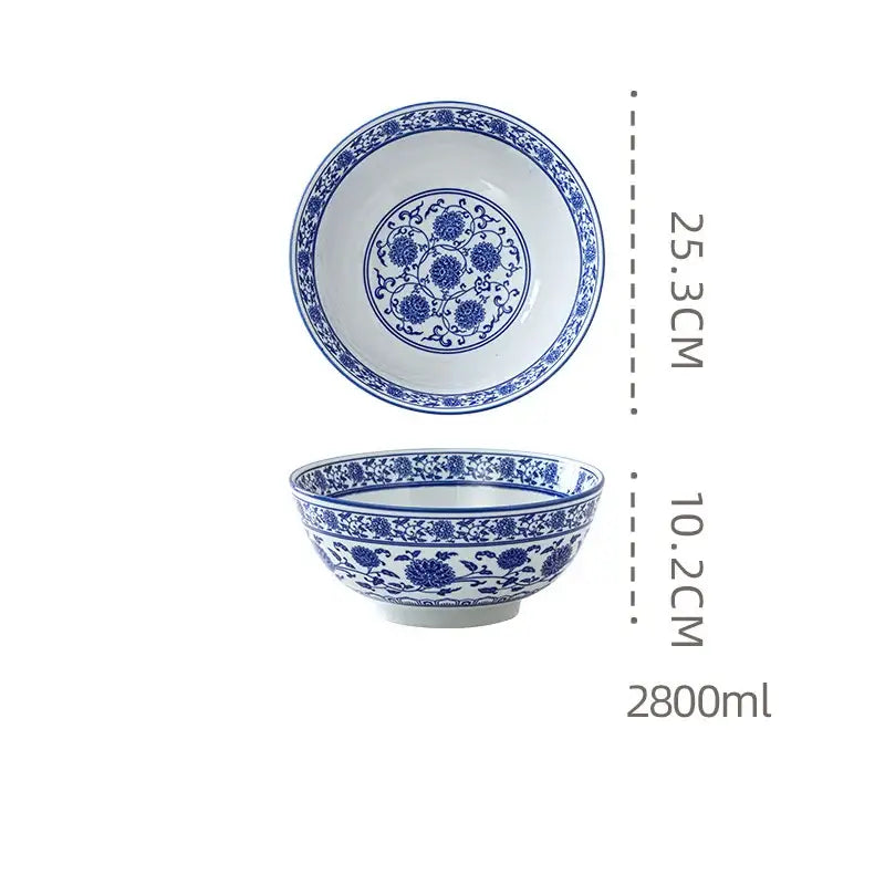 Retro blue & white retro ceramic soup noodle bowl dining room floral