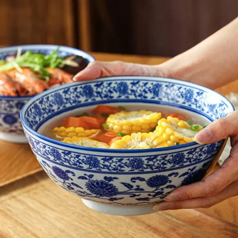 Retro blue & white retro ceramic soup noodle bowl dining room floral