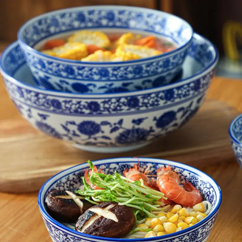 Retro blue & white retro ceramic soup noodle bowl dining room floral