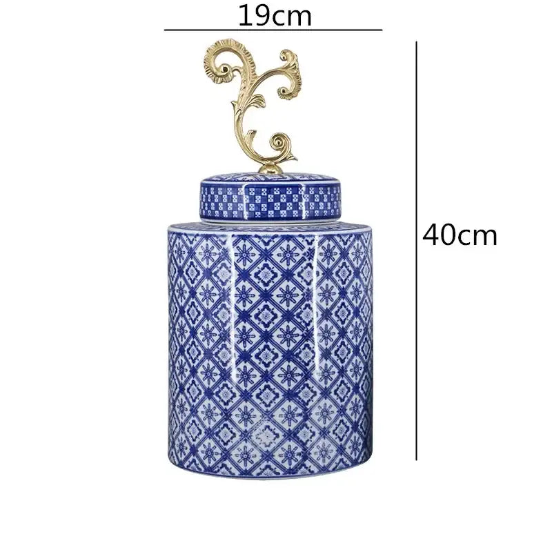 Retro blue & white porcelain covered vase jar living room storage