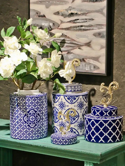 Retro blue & white porcelain covered vase jar living room storage