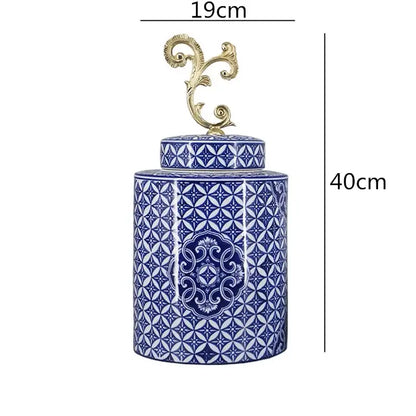 Retro blue & white porcelain covered vase jar living room storage