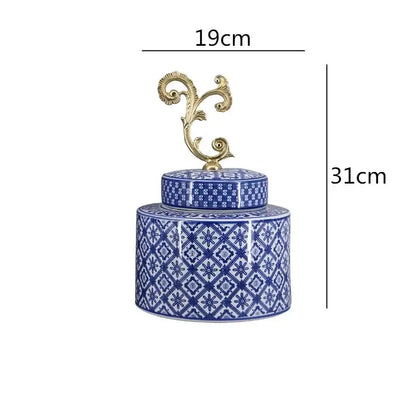 Retro blue & white porcelain covered vase jar living room storage