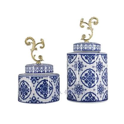 Retro blue & white porcelain covered vase jar living room storage