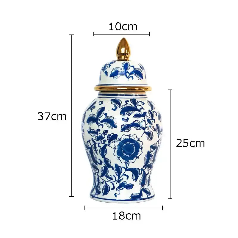 Retro blue & white porcelain ginger jar living room gold tipped vase