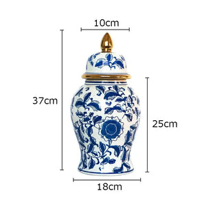 Retro blue & white porcelain ginger jar living room gold tipped vase
