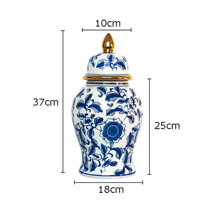 Retro blue & white porcelain ginger jar living room gold tipped vase