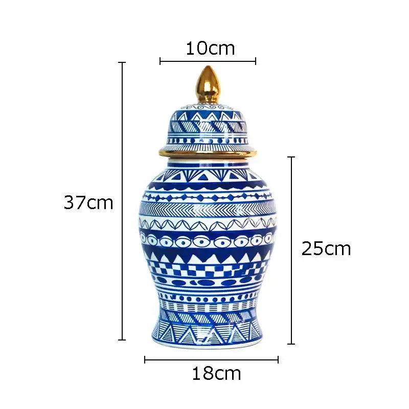 Retro blue & white porcelain ginger jar living room gold tipped vase