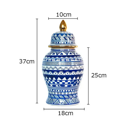 Retro blue & white porcelain ginger jar living room gold tipped vase