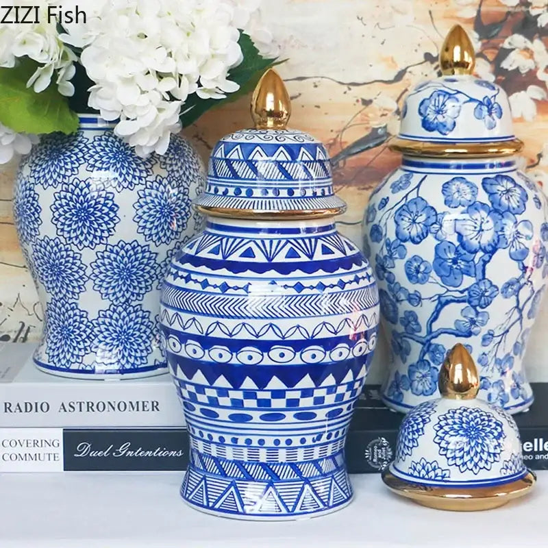 Retro blue & white porcelain ginger jar living room gold tipped vase