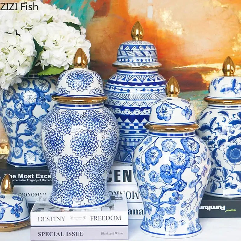 Retro blue & white porcelain ginger jar living room gold tipped vase