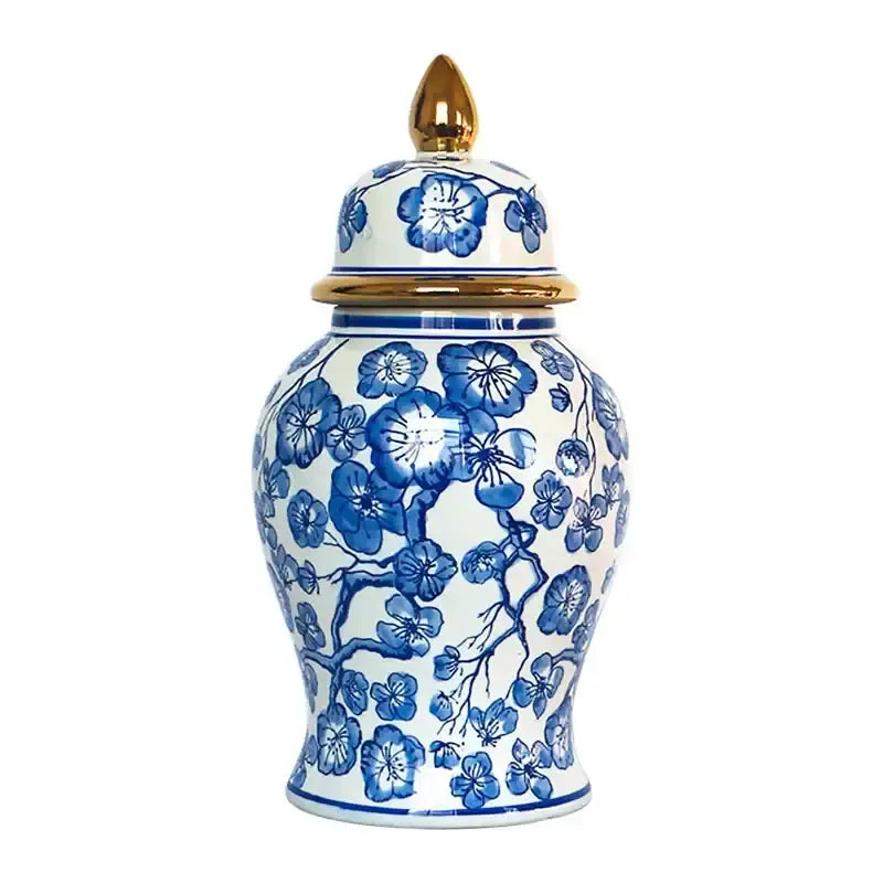 Retro blue & white porcelain ginger jar living room gold tipped vase