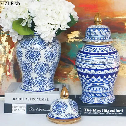 Retro blue & white porcelain ginger jar living room gold tipped vase