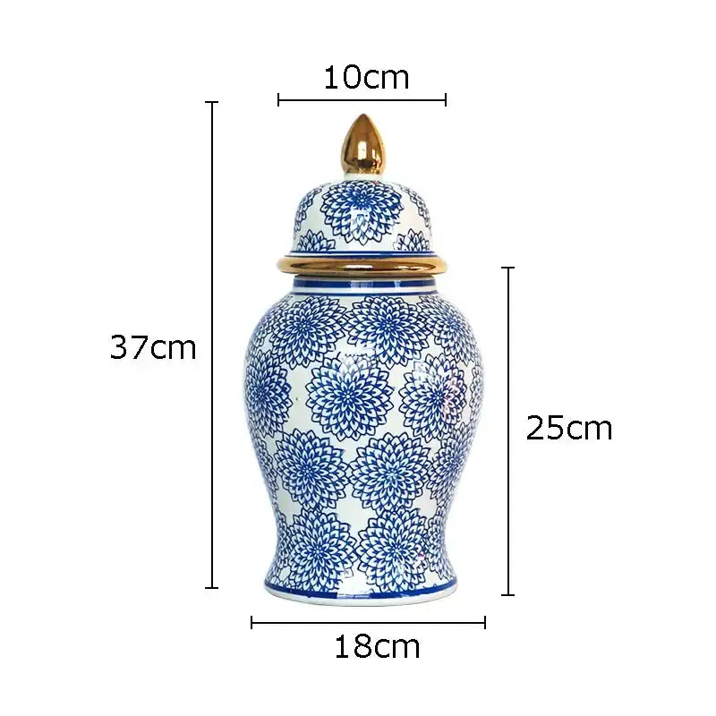 Retro blue & white porcelain ginger jar living room gold tipped vase