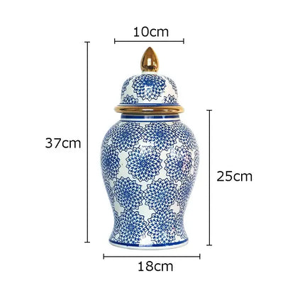 Retro blue & white porcelain ginger jar living room gold tipped vase