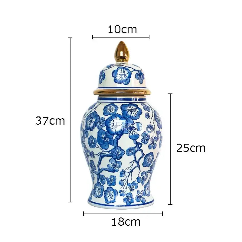 Retro blue & white porcelain ginger jar living room gold tipped vase