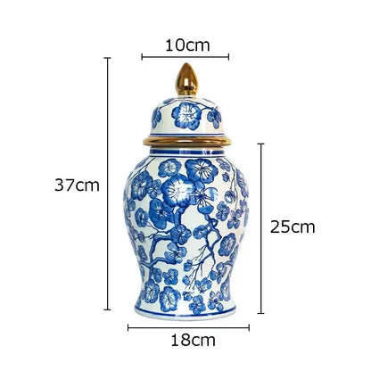 Retro blue & white porcelain ginger jar living room gold tipped vase