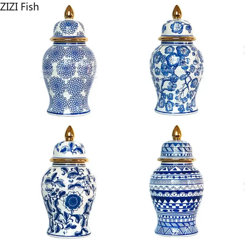 Retro blue & white porcelain ginger jar living room gold tipped vase
