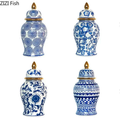 Retro blue & white porcelain ginger jar living room gold tipped vase