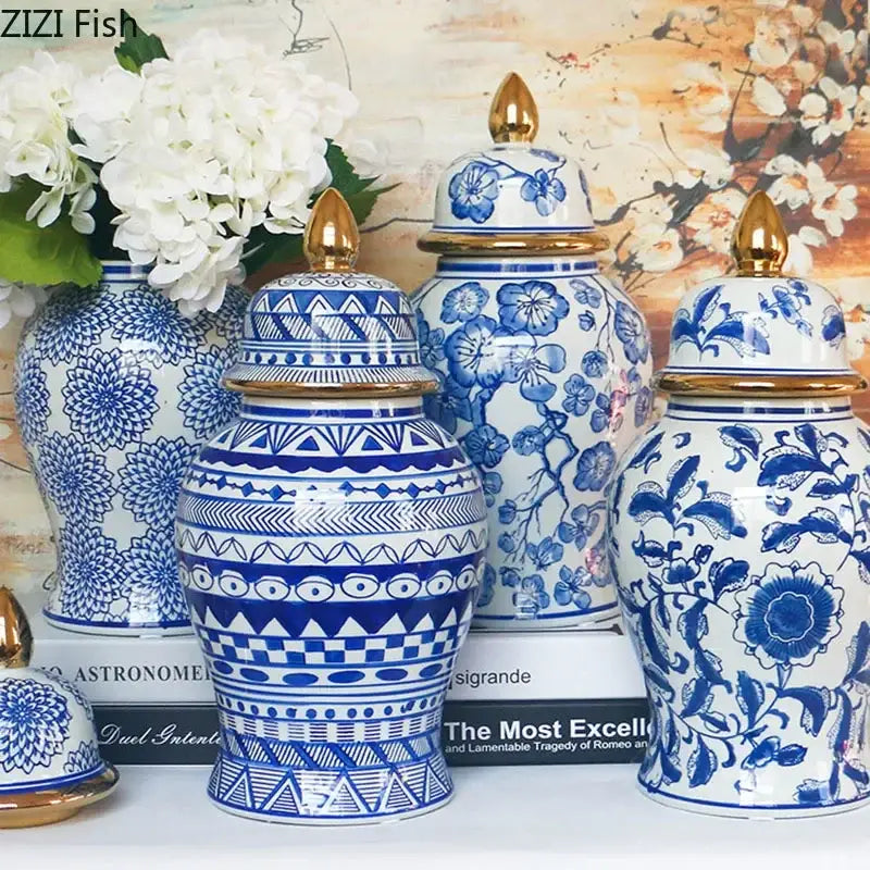 Retro blue & white porcelain ginger jar living room gold tipped vase