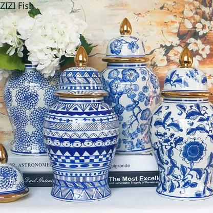 Retro blue & white porcelain ginger jar living room gold tipped vase