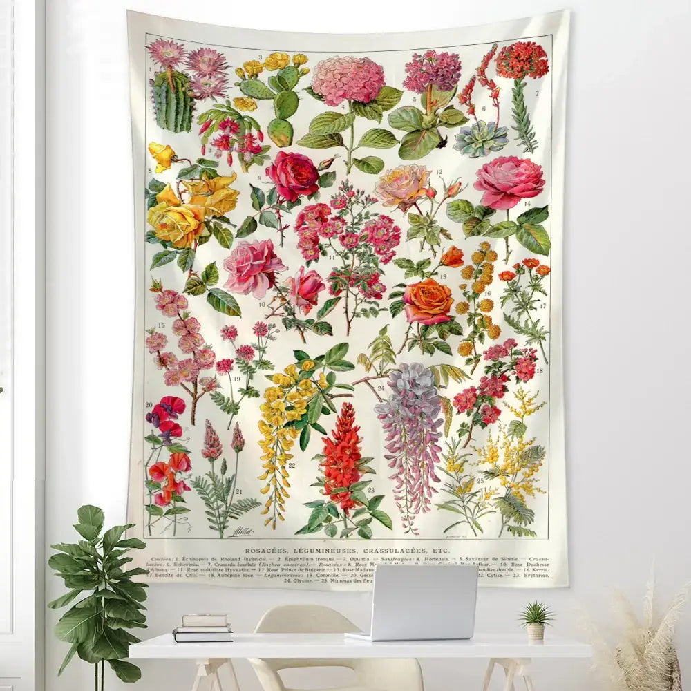 Retro boho botanical map tapestry living room wall hanging