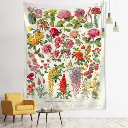 Retro boho botanical map tapestry living room wall hanging