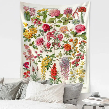 Retro boho botanical map tapestry living room wall hanging