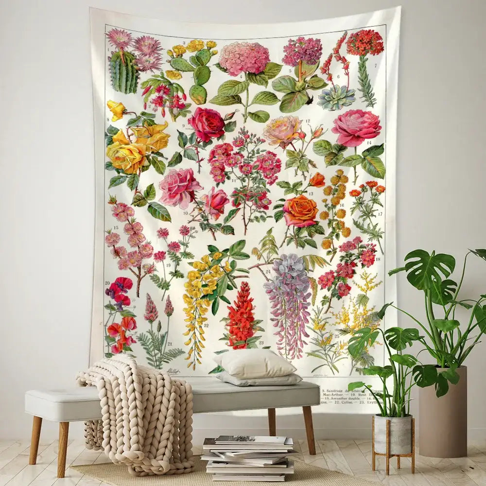 Retro boho botanical map tapestry living room wall hanging