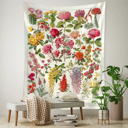 Retro boho botanical map tapestry living room wall hanging
