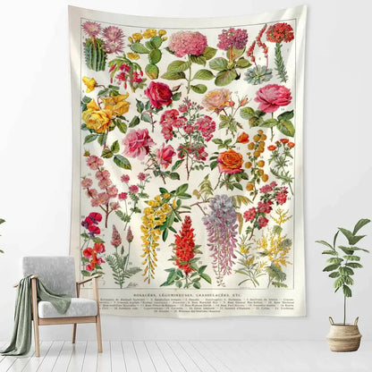 Retro boho botanical map tapestry living room wall hanging
