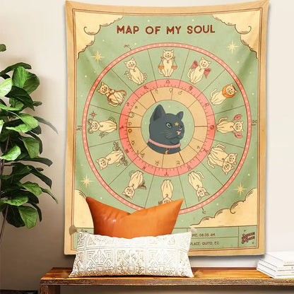 Retro boho mint & cream zodiac cat tapestry living room wall decor