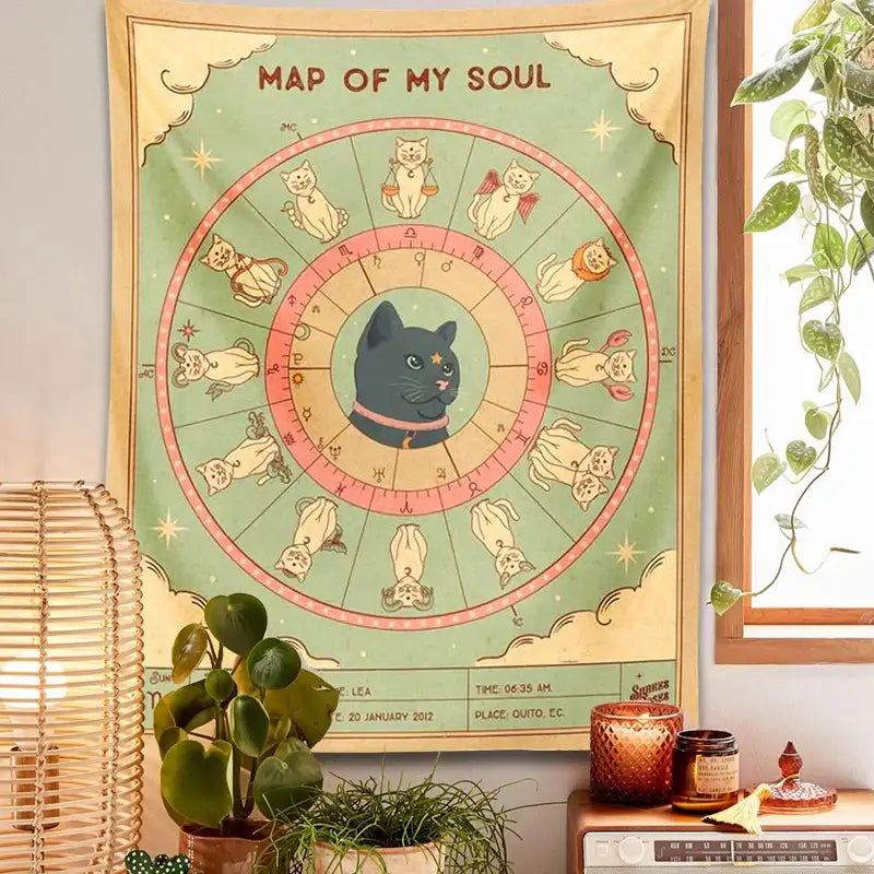 Retro boho mint & cream zodiac cat tapestry living room wall decor