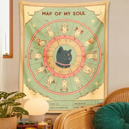 Retro boho mint & cream zodiac cat tapestry living room wall decor