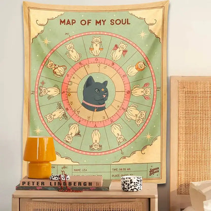 Retro boho mint & cream zodiac cat tapestry living room wall decor
