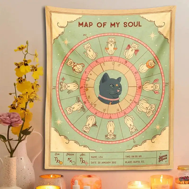 Retro boho mint & cream zodiac cat tapestry living room wall decor