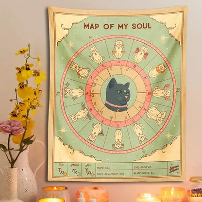 Retro boho mint & cream zodiac cat tapestry living room wall decor
