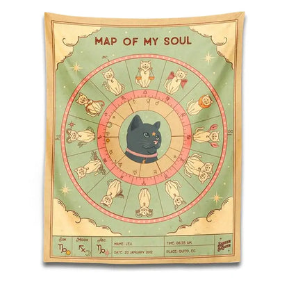 Retro boho mint & cream zodiac cat tapestry living room wall decor