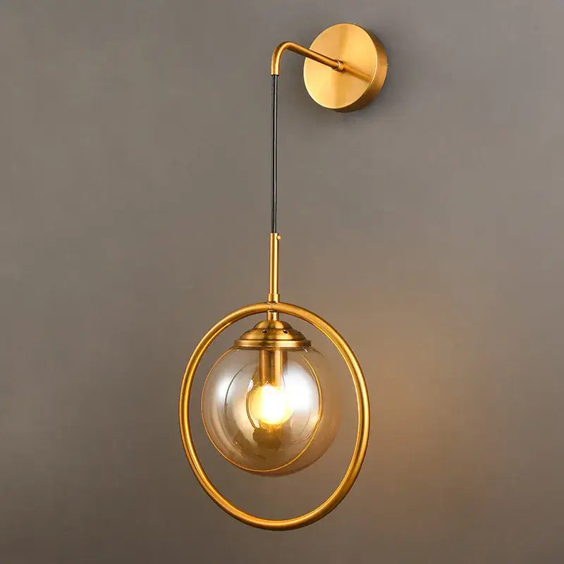 Retro brass and amber glass ball wall lamp bathroom sconce