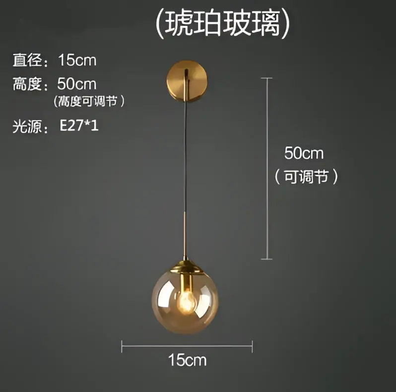 Retro brass and amber glass ball wall lamp bathroom sconce