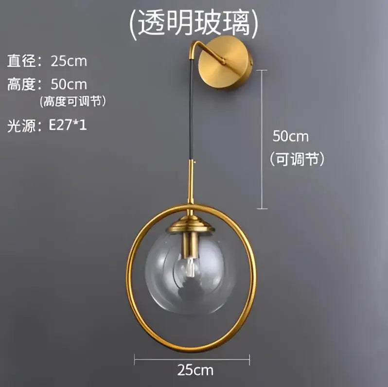 Retro brass and amber glass ball wall lamp bathroom sconce