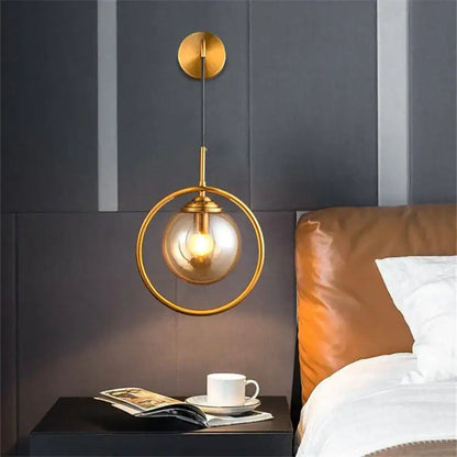Retro brass and amber glass ball wall lamp bathroom sconce
