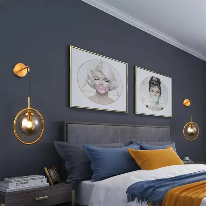 Retro brass and amber glass ball wall lamp bathroom sconce